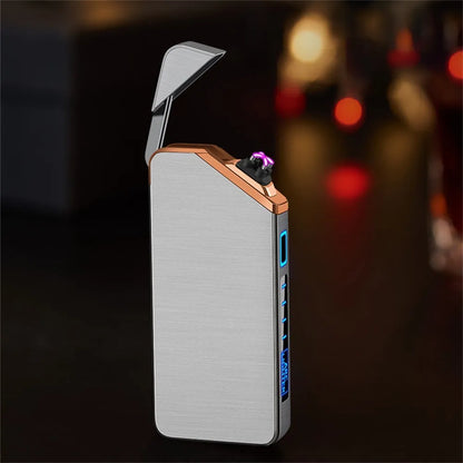 USB rechargeable double arc lighter in zinc alloy with ice noodle finish, 73x35x11mm, available in six colours