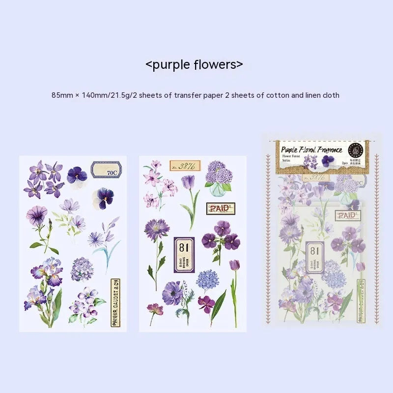 Forest label sticker material pack showing transfer paper and cotton linen sheets with nature designs in 85x180mm size