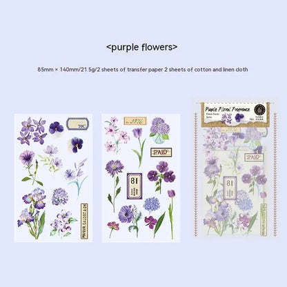 Forest label sticker material pack showing transfer paper and cotton linen sheets with nature designs in 85x180mm size