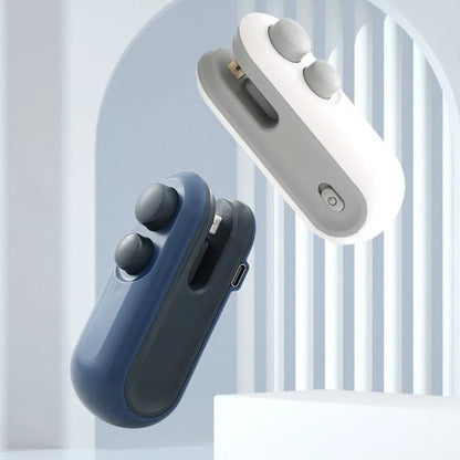 Blue and white handheld USB rechargeable heat sealer with cutter for sealing chip bags