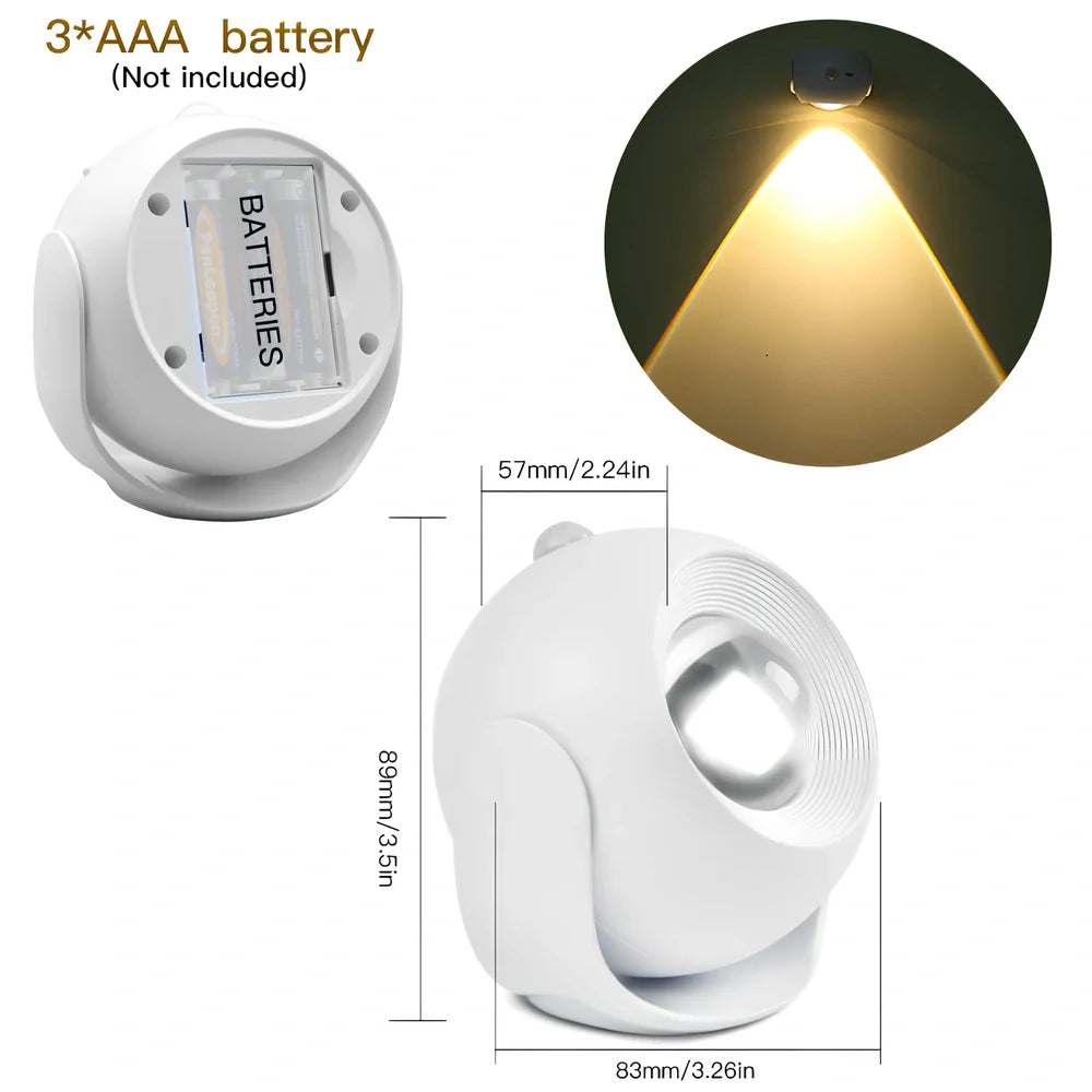 Adjustable angle human sensing wall light with rotating head and adhesive mounting for corridors