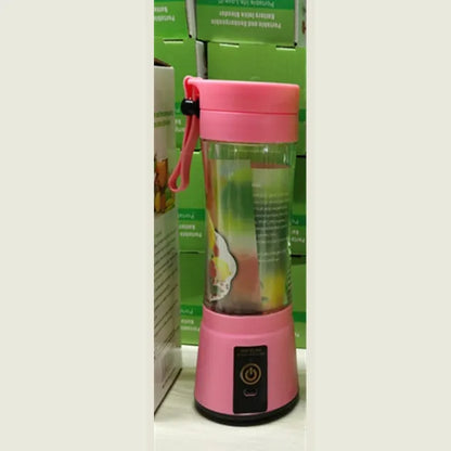 Portable USB rechargeable blender with pink colour option showing cup and six-blade design
