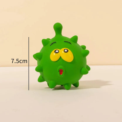 Four coloured natural latex dog balls with textured surfaces and cute faces, each measuring 7.5cm in diameter
