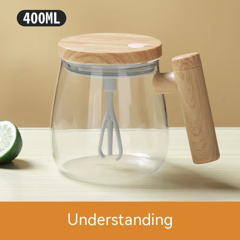 Clear borosilicate glass self-stirring coffee mug with 400ml capacity and electric mixing button