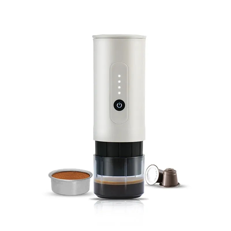 Portable stainless steel coffee machine with car charger cable in moonlight white colour