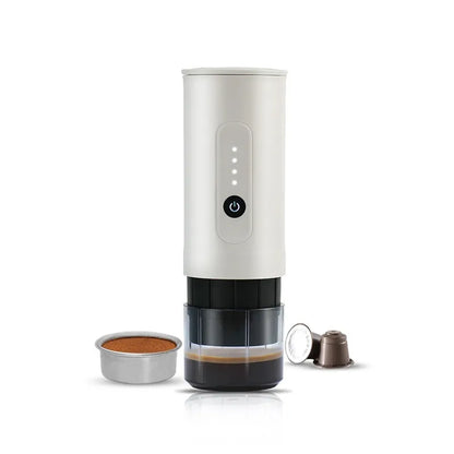 Portable stainless steel coffee machine with car charger cable in moonlight white colour