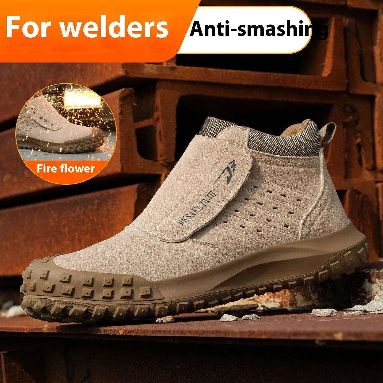 Low-top welder safety shoes with steel toe cap and lace-up closure in sand colour.
