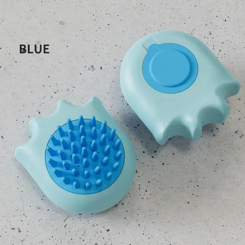 Pet bath brush with built-in shampoo box showing four brush types for dog and cat grooming