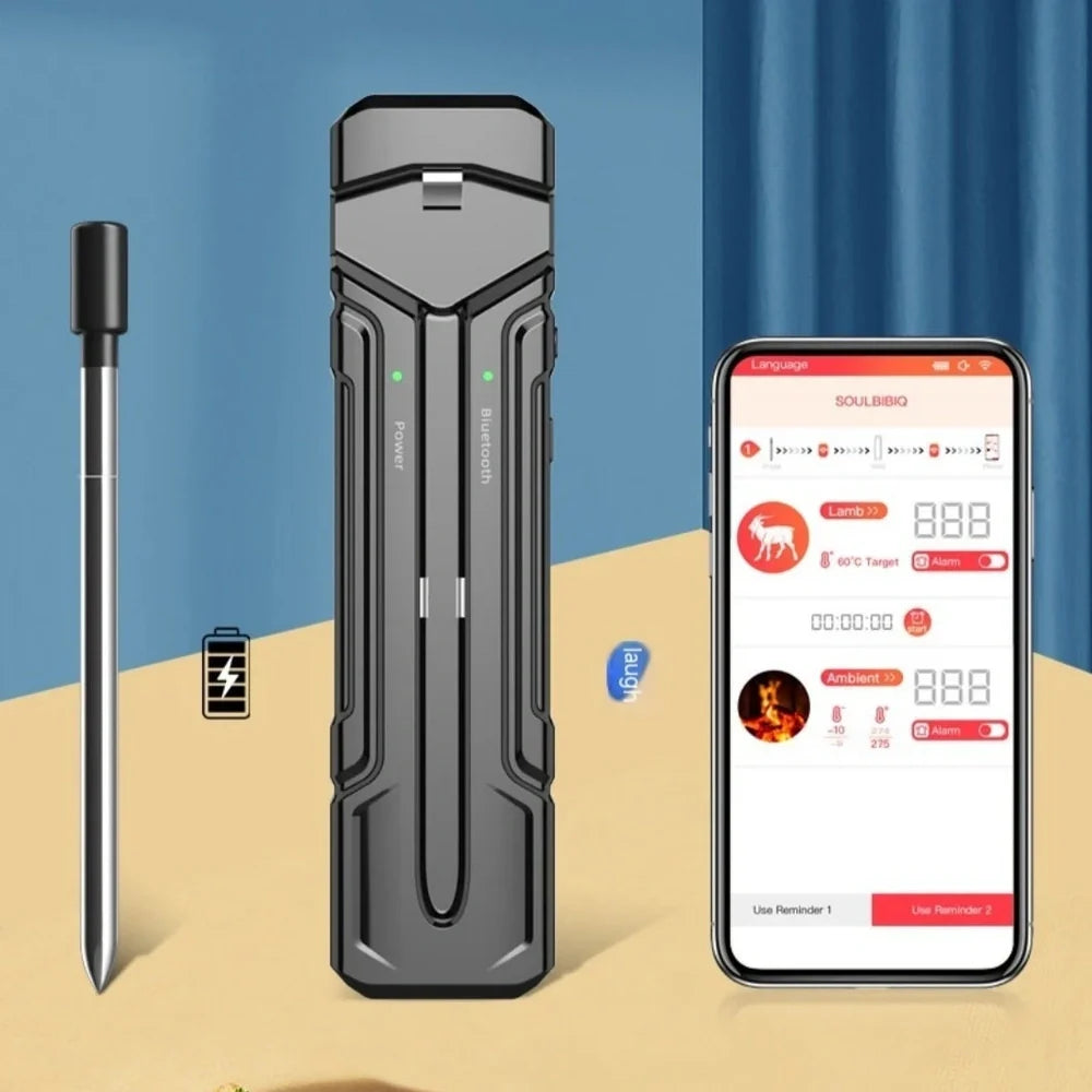 Black wireless kitchen thermometer with LCD display, two stainless steel probes, and magnetic backing for oven door attachment