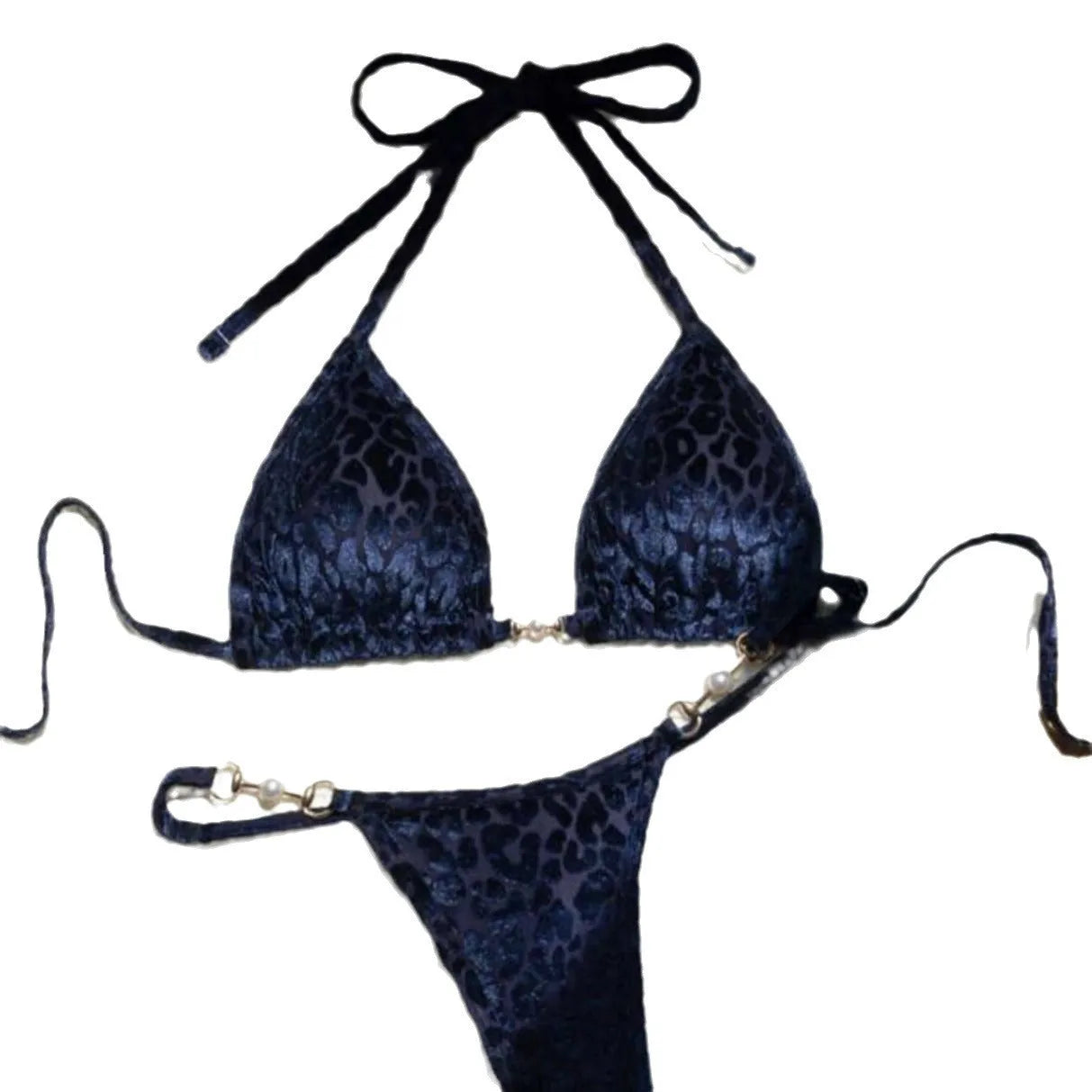 Women's blue leopard print T-shaped bikini set for swimming on a mannequin.