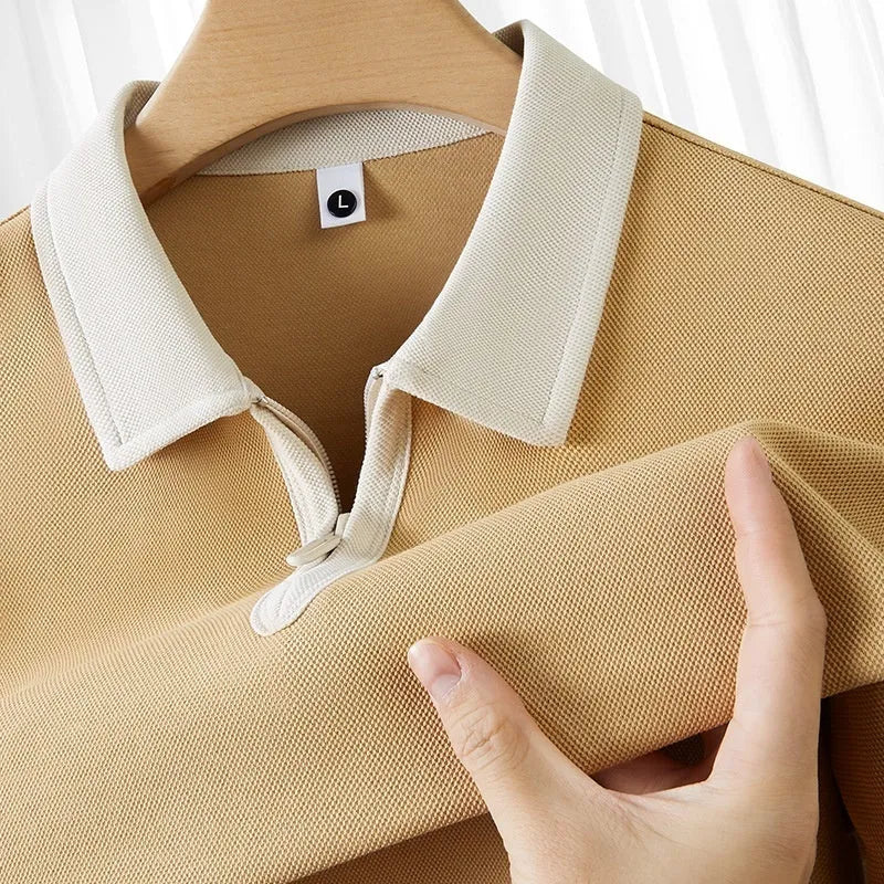 Zipper and lapel polo shirt, nylon fabric solid colour short sleeve casual top with Asian sizing guide for spring and autumn wear in navy blue, white, black, khaki, peacock green, light blue, moss green or Angora red