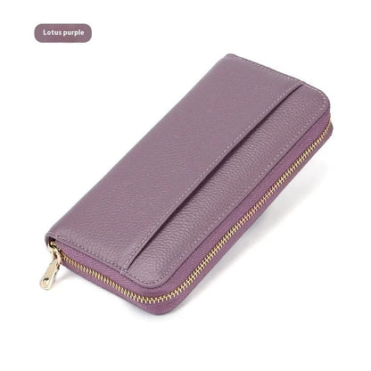 Long genuine leather women's wallet in solid colours with 12 card slots and anti-theft design