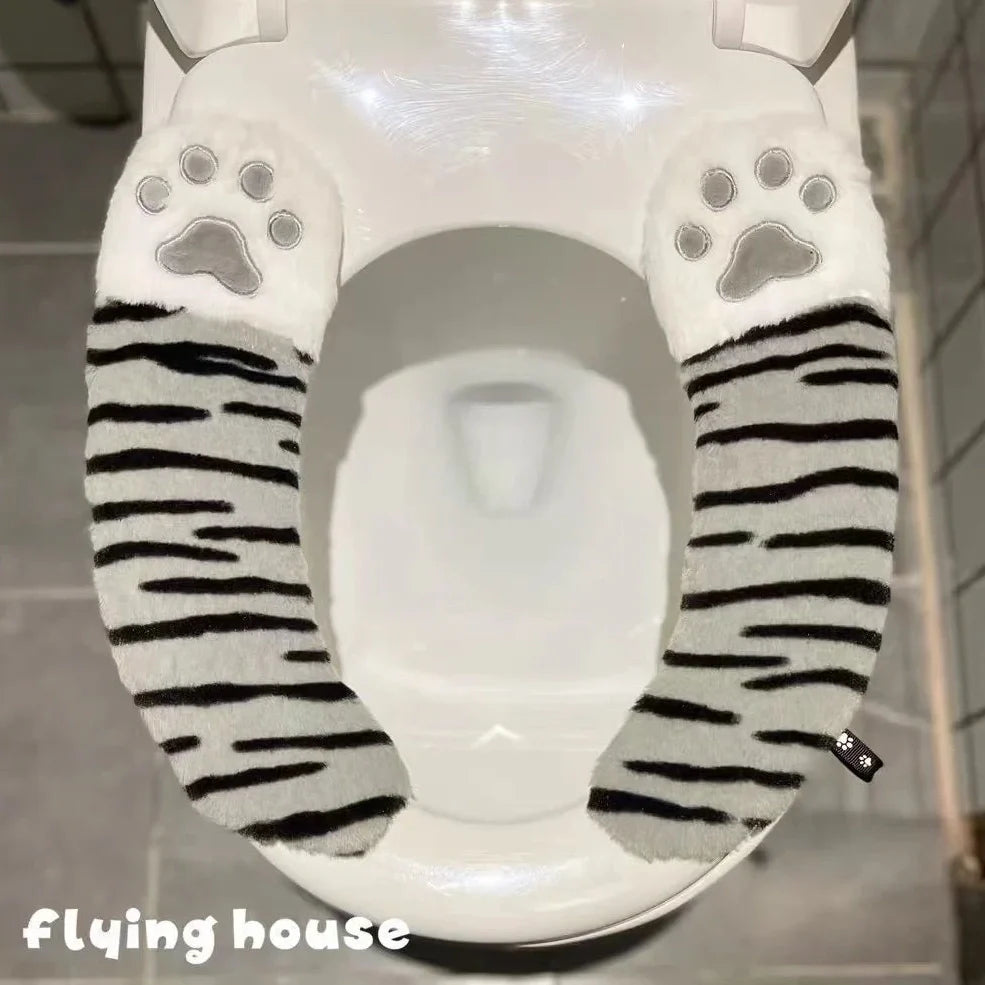Cartoon stripe toilet seat cushion with plush material and waterproof adhesive backing