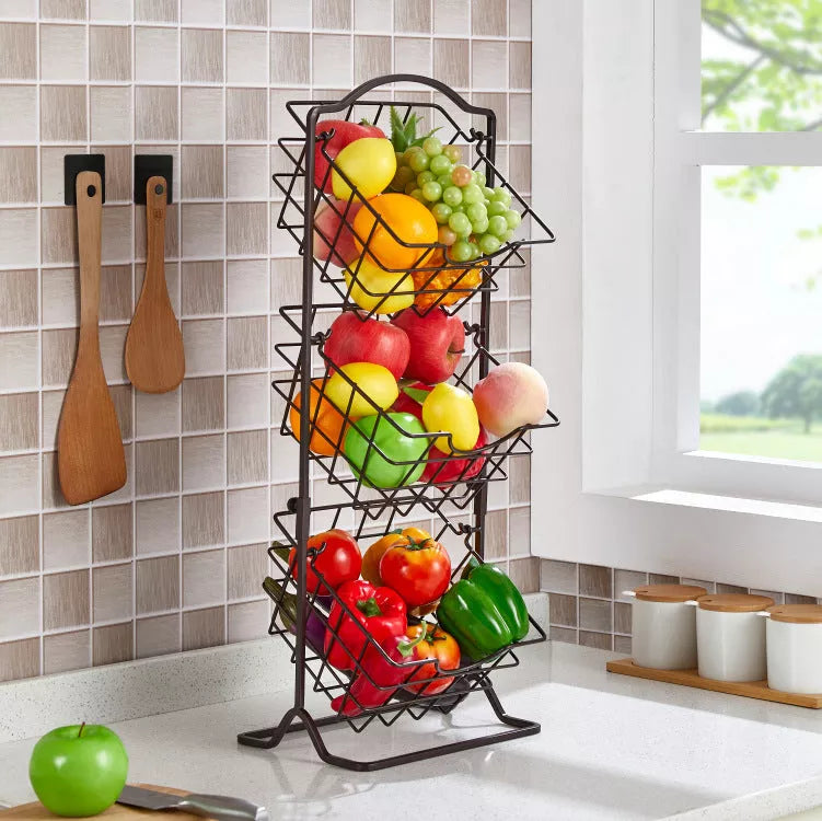 Black three-layer wrought iron storage shelf for fruits and vegetables