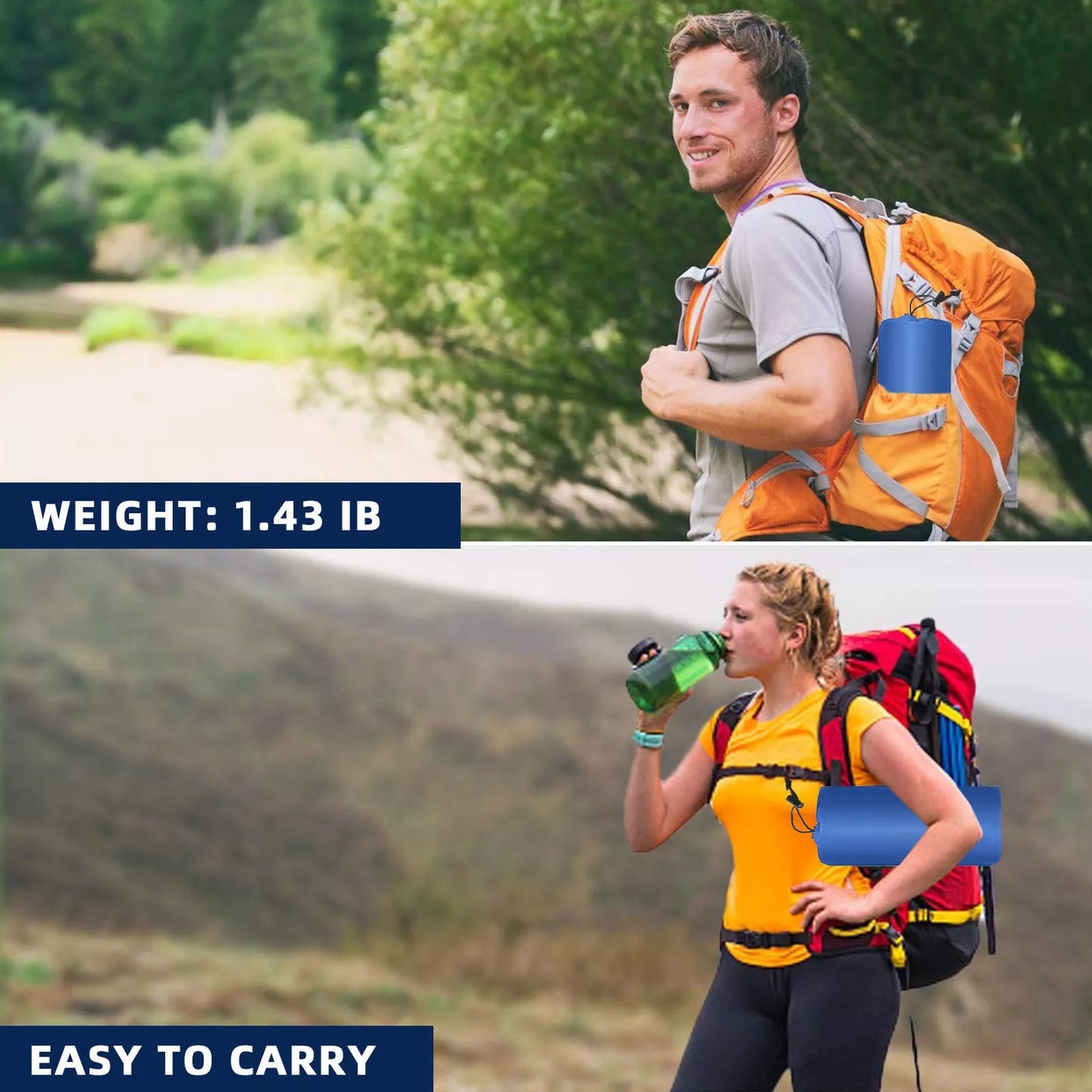 Portable inflatable camping cushion with built-in foot pump in various colors