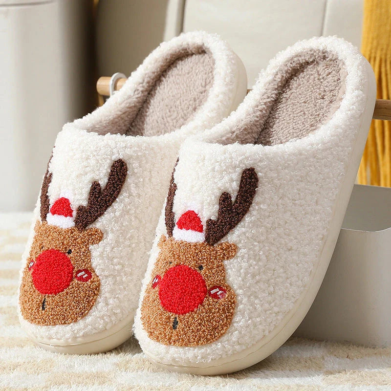 Cozy elk-themed slippers with plush suede uppers and supportive EVA soles in a variety of dreamy colors