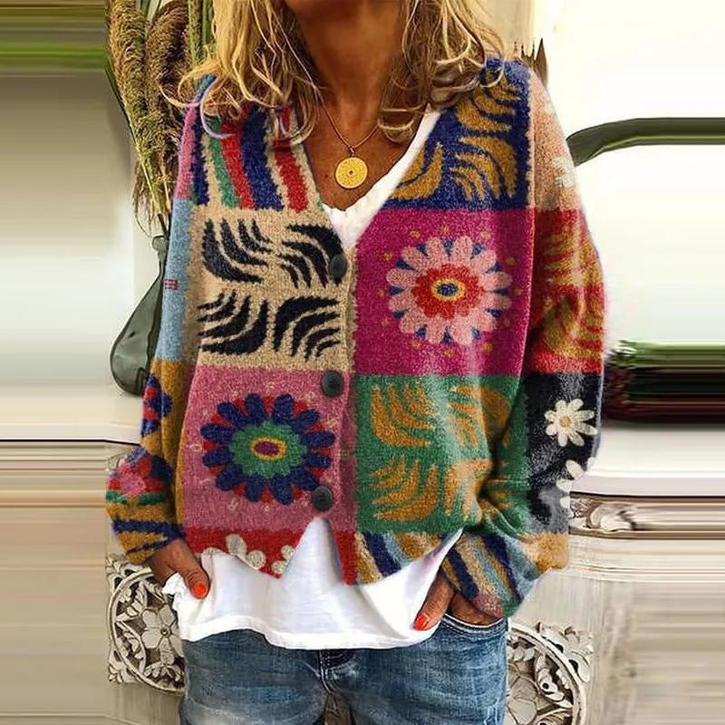 Women's Christmas abstract flowers printing sweater cardigan in various colors