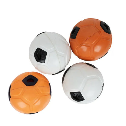 Orange and white TPR dog toy balls, one hollow and one with a teeth cleaning stick, for small dogs
