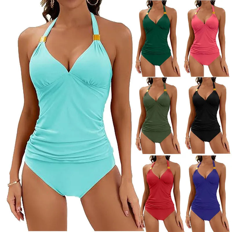 Women's red halter tie two-piece swimsuit with briefs, made from milk silk polyester fabric.