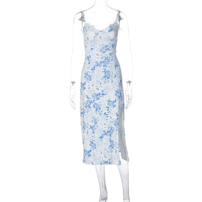 Women's lace print long dress with suspender straps and side slit in blue, green or red