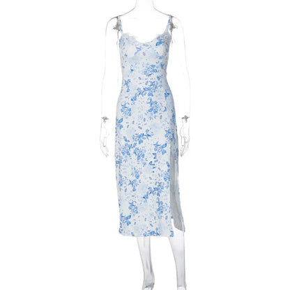Women's lace print long dress with suspender straps and side slit in blue, green or red