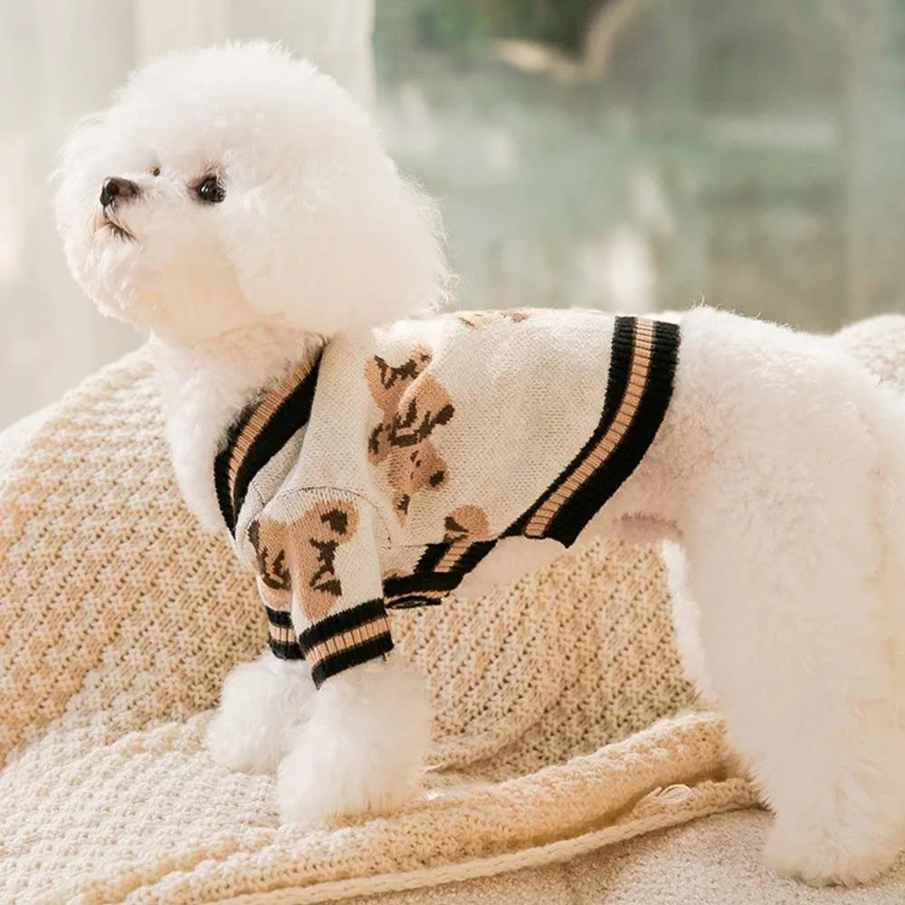 Bear pattern dog sweater in beige or red, lightweight polyester pullover for small dogs and cats, sizes XS to XL