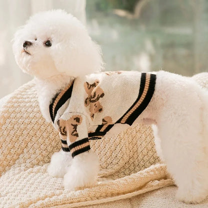 Bear pattern dog sweater in beige or red, lightweight polyester pullover for small dogs and cats, sizes XS to XL