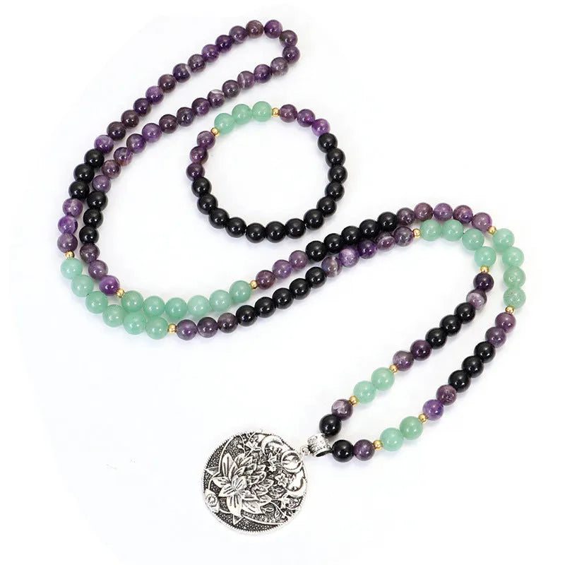 Long yoga necklace with geometric lotus pendant and stone beads, matching bracelet, adjustable 51-80cm chain