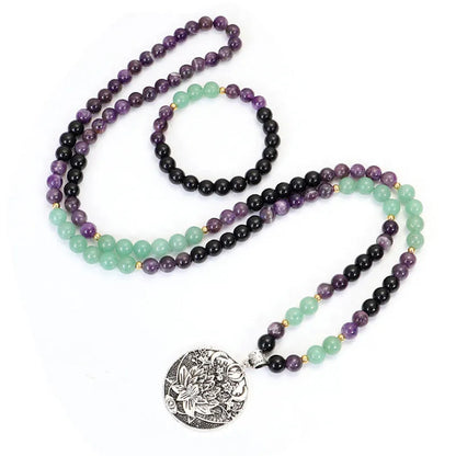 Long yoga necklace with geometric lotus pendant and stone beads, matching bracelet, adjustable 51-80cm chain