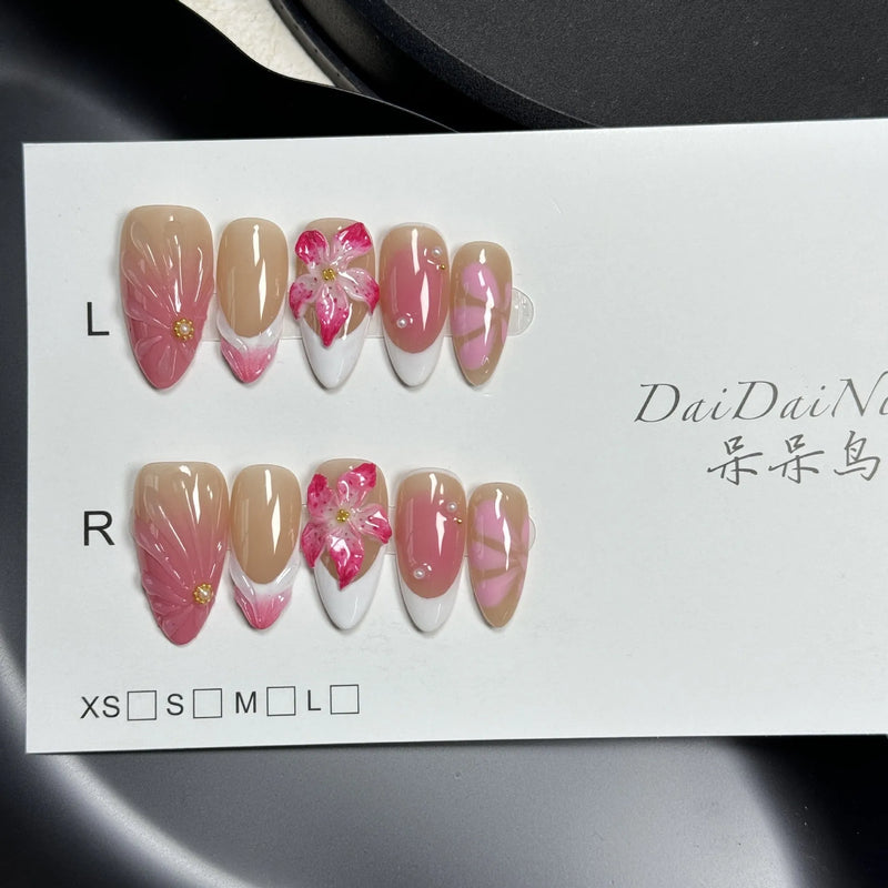 French Style Lily Fluid Ice Flower Manicure Three-dimensional press-on nails plastic armour in sizes XS S M L with almond shape design for easy application and special occasion wear