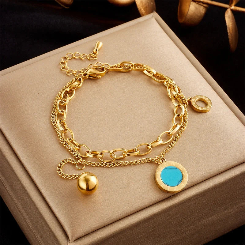 Gold plated punk fashion double layer bracelet with snake chain design