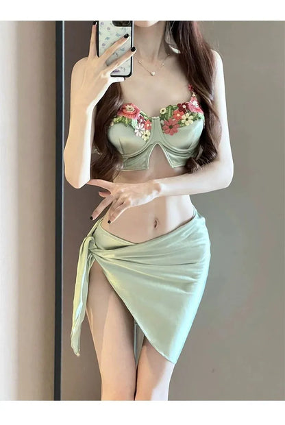 Green women's bikini three-piece swimsuit set with triangle top and briefs