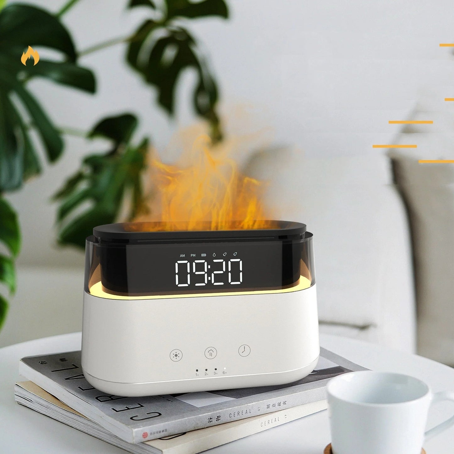 White flame humidifier with clock and aromatherapy function