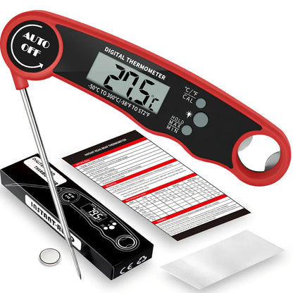 Red and black folding electronic kitchen thermometer with extended probe and digital display