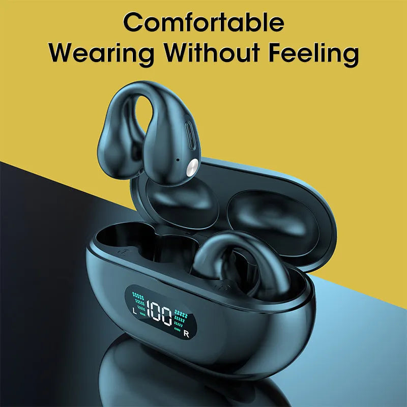 Bone conduction Bluetooth headset clip in black resting on ear with charging cable