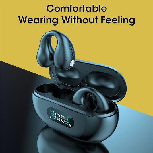 Bone conduction Bluetooth headset clip in black resting on ear with charging cable