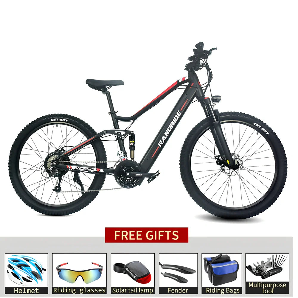 Black and red electric mountain bike with full suspension, 27.5-inch wheels, and down tube battery