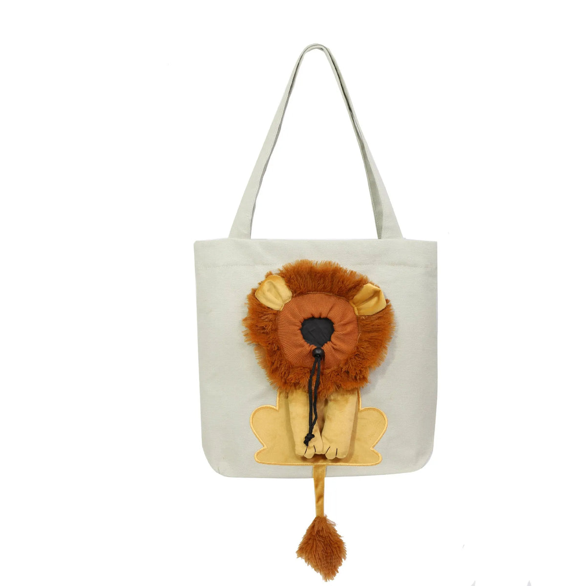 Soft canvas pet carrier bag with lion design, adjustable head opening, and safety zippers for small dogs and cats.