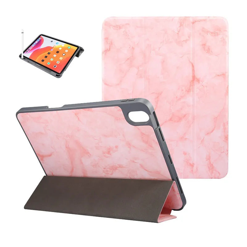 Tri-fold iPad case with marbling design showing pen slot and available in five colours including dark gray and purple
