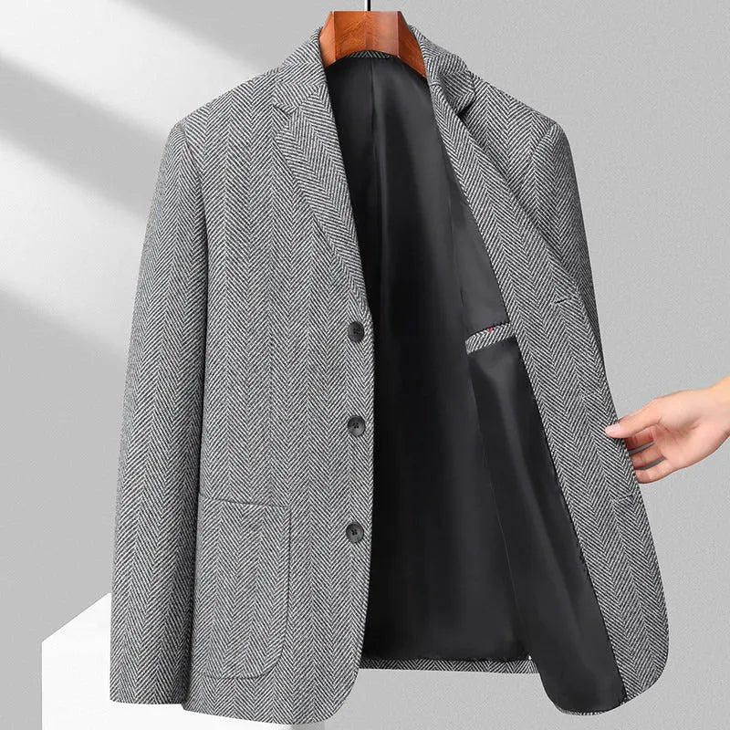 Men's loose-fit woolen coat in black, khaki, gray, or dark blue, made from polyester fabric for spring and autumn wear