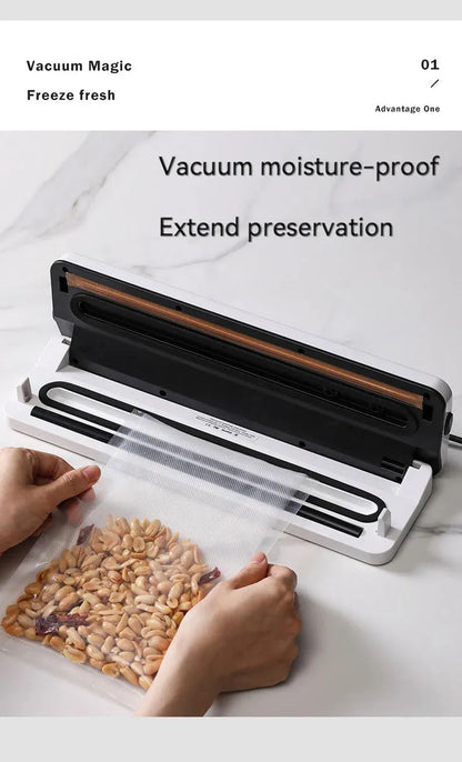 White automatic vacuum sealer on a kitchen counter, showing compact design with one-touch button for food preservation.