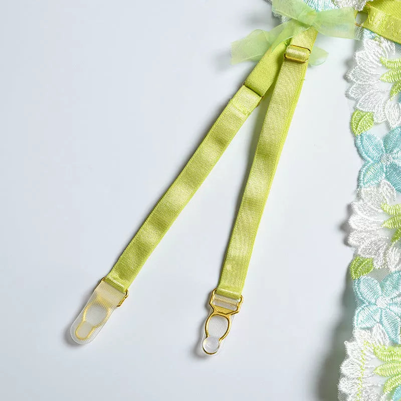 Apple green floral mesh underwear set with steel ring accents for body shaping