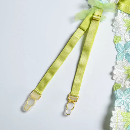 Apple green floral mesh underwear set with steel ring accents for body shaping