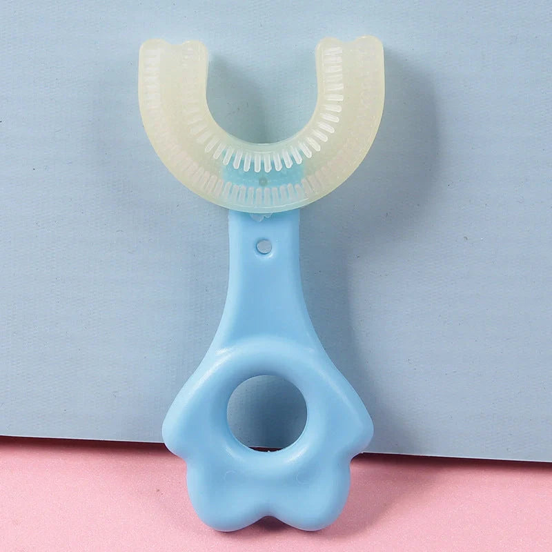 U-shaped baby toothbrush in soft silicone for kids, available in multiple colors