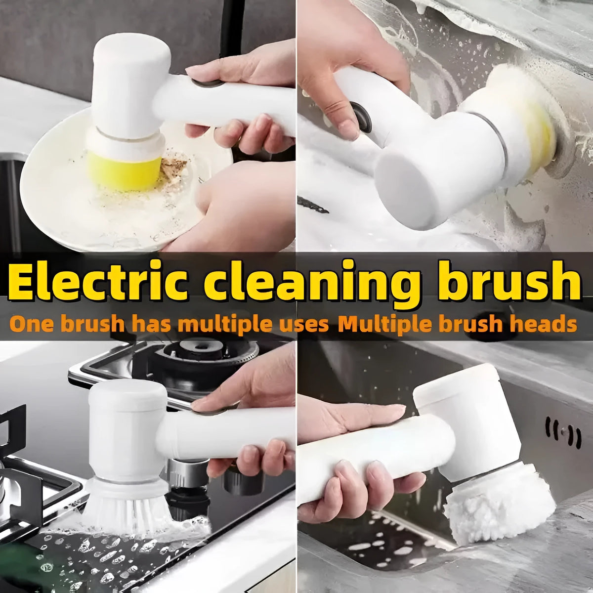 White Magic Brush electric cleaning scrubber with three interchangeable brush heads for bathtubs and sinks
