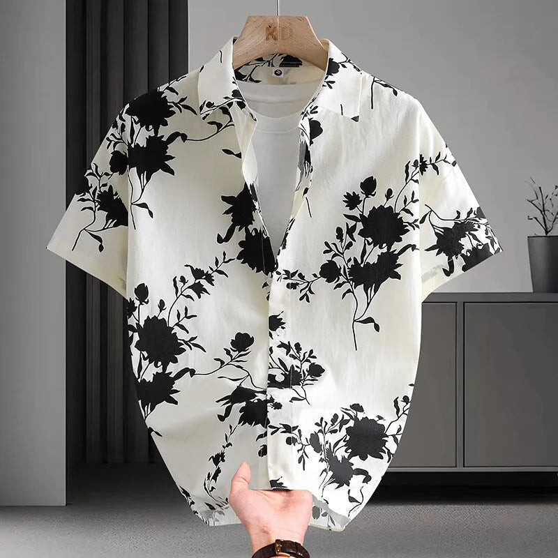 Men's Hawaiian style cotton summer shirt with floral printed pattern in cardigan design