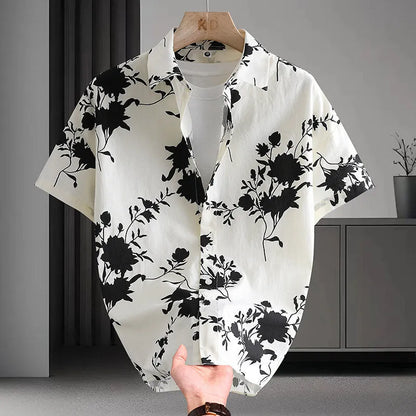 Men's Hawaiian style cotton summer shirt with floral printed pattern in cardigan design