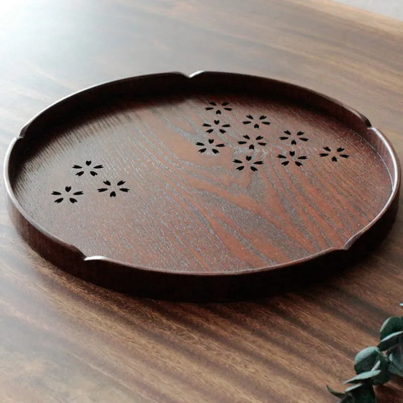 Wooden Japanese dessert plate with hollow cherry blossom pattern, 30cm diameter