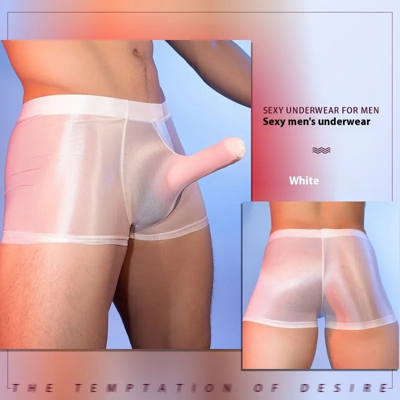 Men's seamless boxer shorts in red nylon fabric, showing mid-waist and hip-lifting design on a plain background.