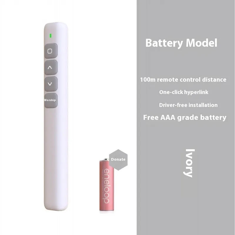 A whiteboard remote control pen for PPT presentations, shown in black, white, and pink colour options.